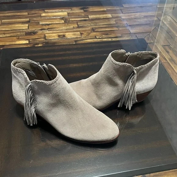 Sam Edelman Paige Fringe Gray Leather Suede Ankle Booties Size 8.5 - Picture 3 of 11